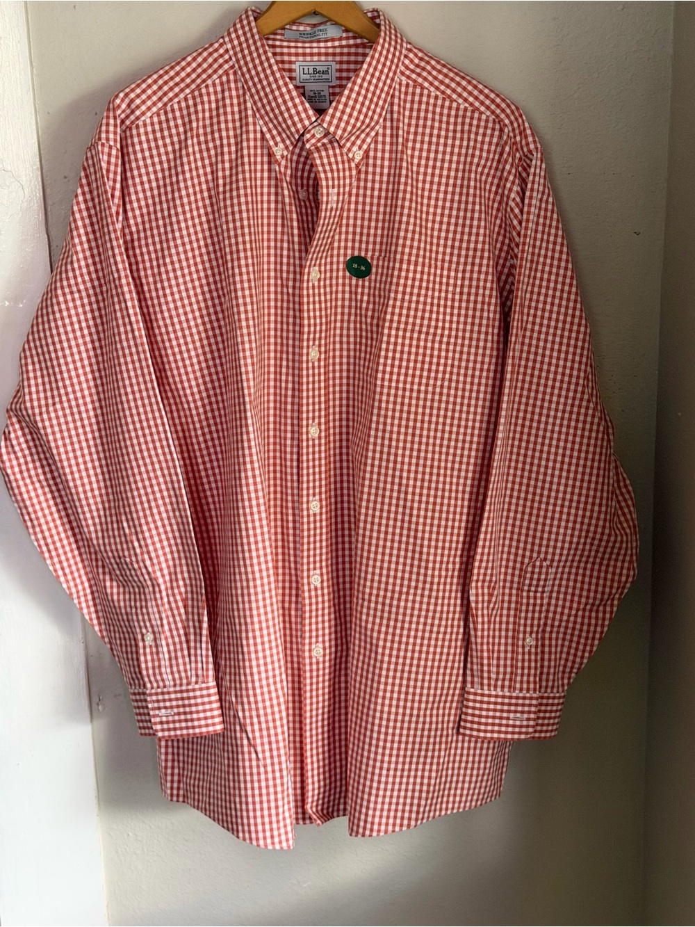 NWT L.L.Bean red white gingham long-sleeve button-down Shirt Men 18-36